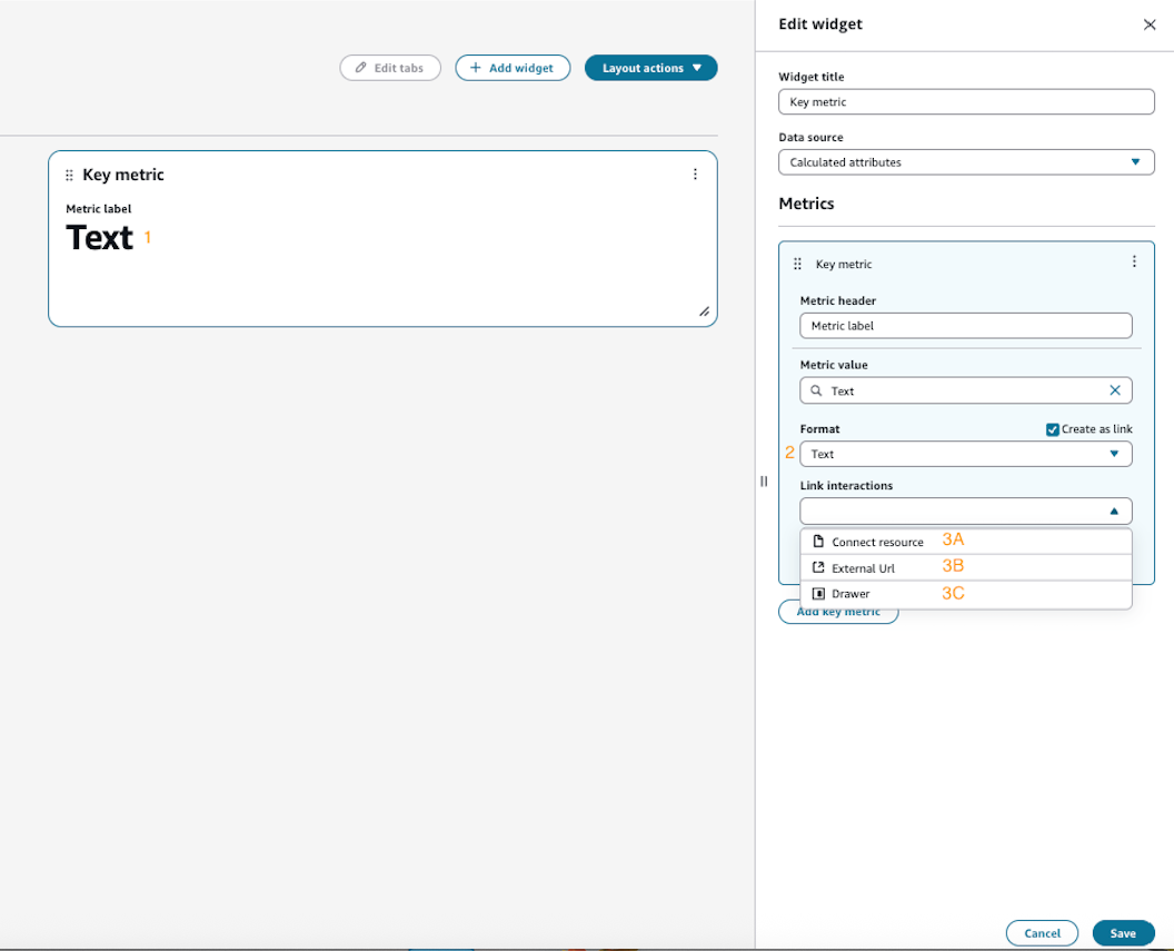 사용자 지정 주요 지표 위젯 편집 예제.