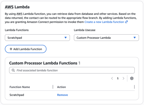 사용자 지정 프로세서 Lambda 사용 사례 선택을 보여주는 Amazon Connect 콘솔의 Lambda 섹션입니다.