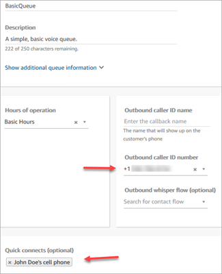 대기열 편집 페이지, John Doe의 휴대폰 번호에 대한 빠른 연결.
