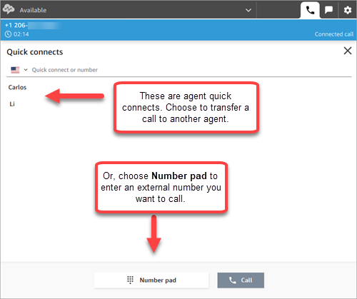 빠른 연결 페이지, 연결된 통화, 연결할 에이전트 이름.