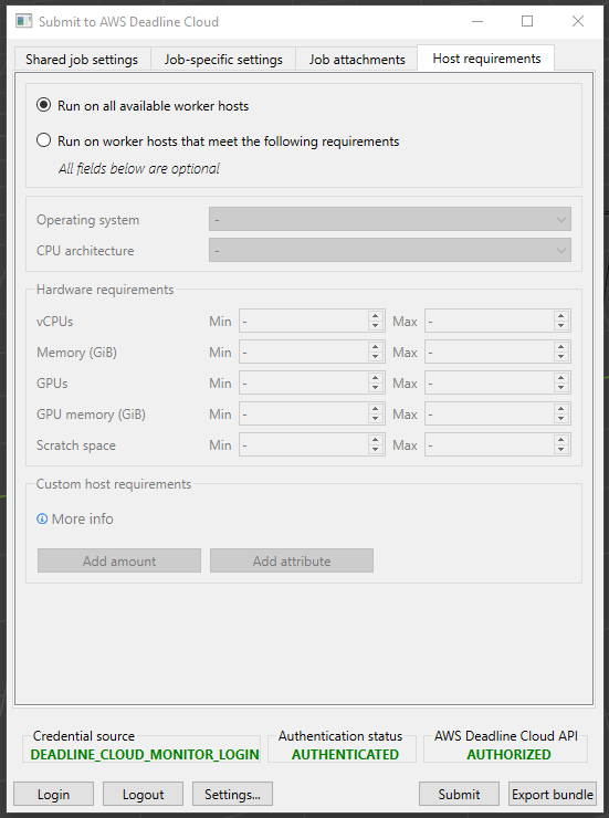 Blender 제출자의 공유 호스트 요구 사항 탭입니다.