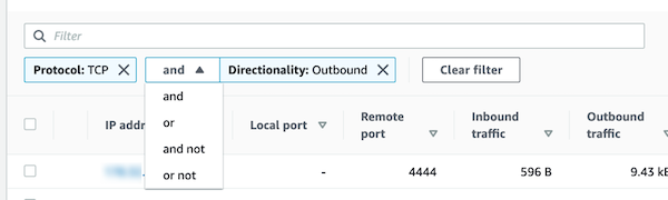 활동 세부 정보 필터의 개별 필터 간에 사용할 수 있는 커넥터 목록입니다.