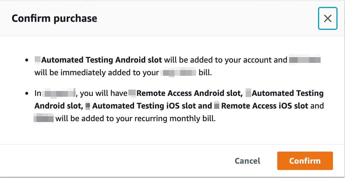 Device Farm 콘솔의 구매 확인 페이지
