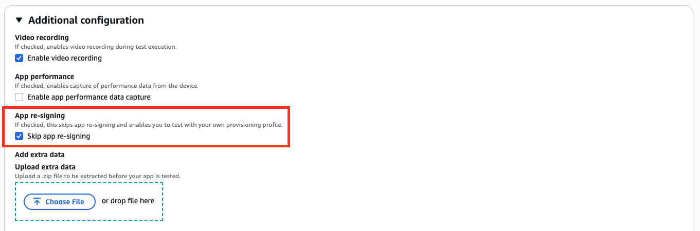 테스트 실행 시 프라이빗 디바이스 인스턴스를 사용하는 경우 앱 재서명 건너뛰기를 선택하세요.
