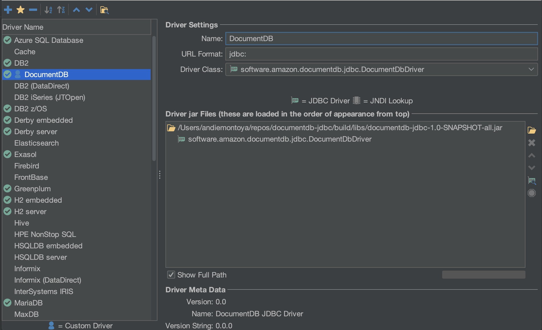 Amazon DocumentDB 이름, URL 형식 및 드라이버 클래스 구성이 입력된 DbVisualizer의 드라이버 설정 인터페이스입니다.