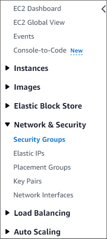 네트워크 및 보안 드롭다운에서 보안 그룹 옵션이 선택된 Amazon DocumentDB 콘솔 탐색 창입니다.