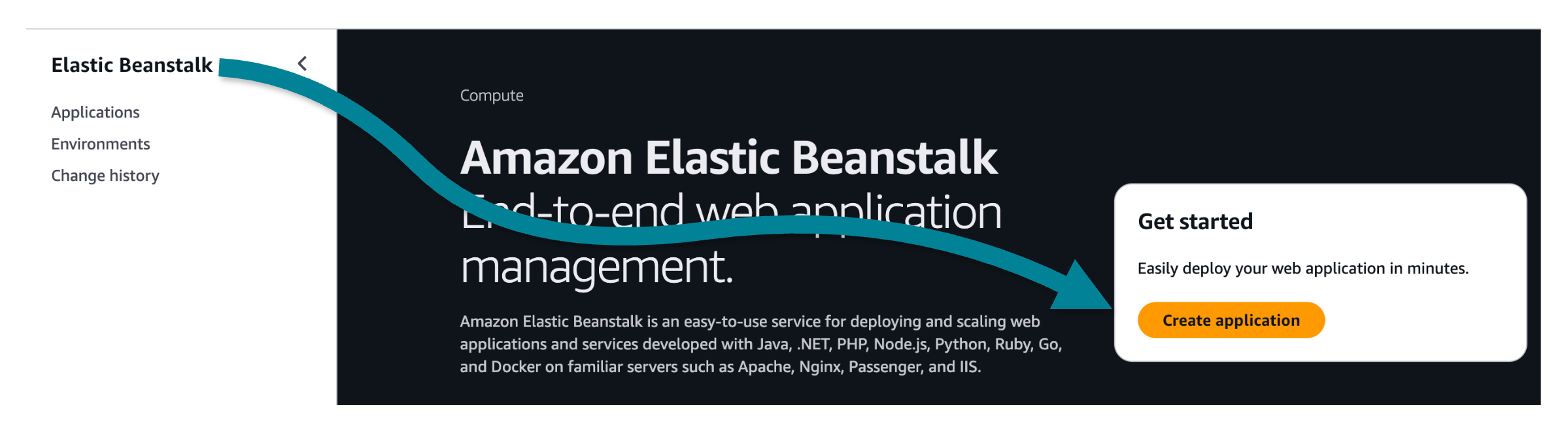 애플리케이션 생성 버튼을 가리키는 화살표가 있는 Elastic Beanstalk 콘솔.