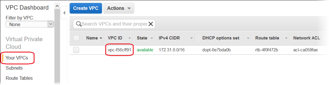 Amazon VPC 콘솔에 VPC ID가 표시됩니다.