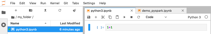 File explorer showing python3.ipynb in my_folder, and Jupyter notebook interface with code.