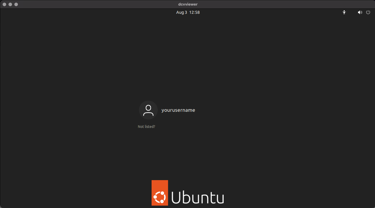 Amazon DCV 클라이언트를 시작하면 시각적 표시를 통해 Ubuntu 인스턴스에 액세스할 수 있는 창이 나타납니다.