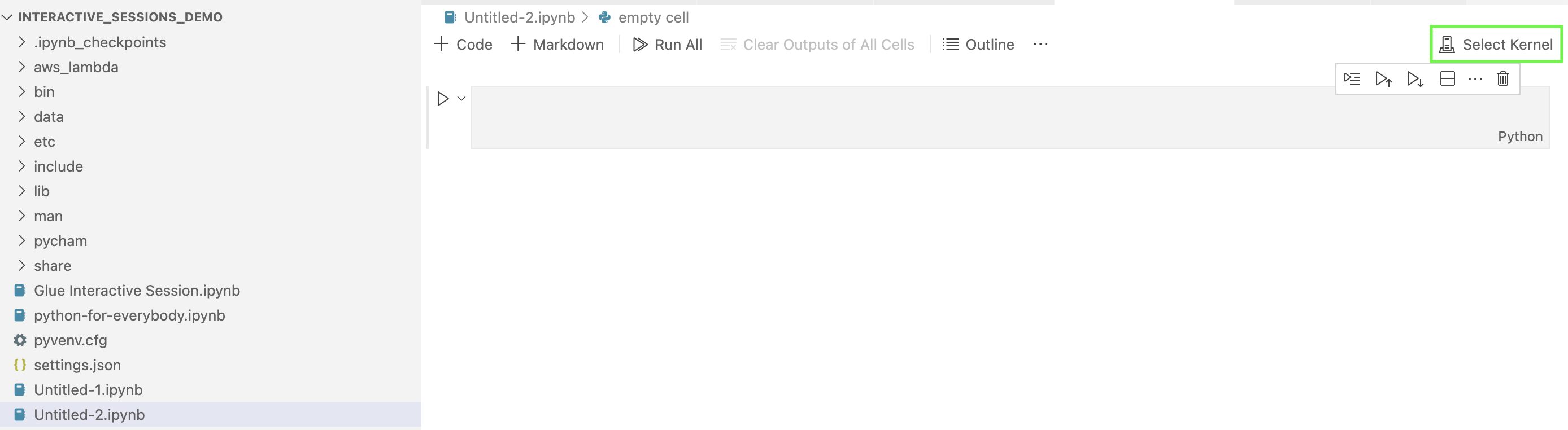 커널 선택(Select Kernel) 버튼이 강조 표시되어 있는 스크린샷입니다.