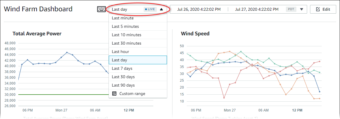 대시보드의 시간 범위 선택기.