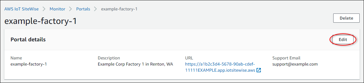 편집이 강조 표시된 포털 세부 정보 페이지의 포털 세부 정보 섹션입니다.
