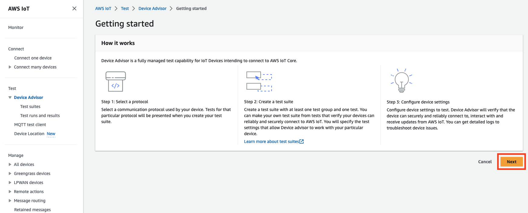 IoT 디바이스의 연결을 테스트하는 단계: 프로토콜을 선택하고, 테스트 제품군을 생성하고, 디바이스 설정을 구성합니다.