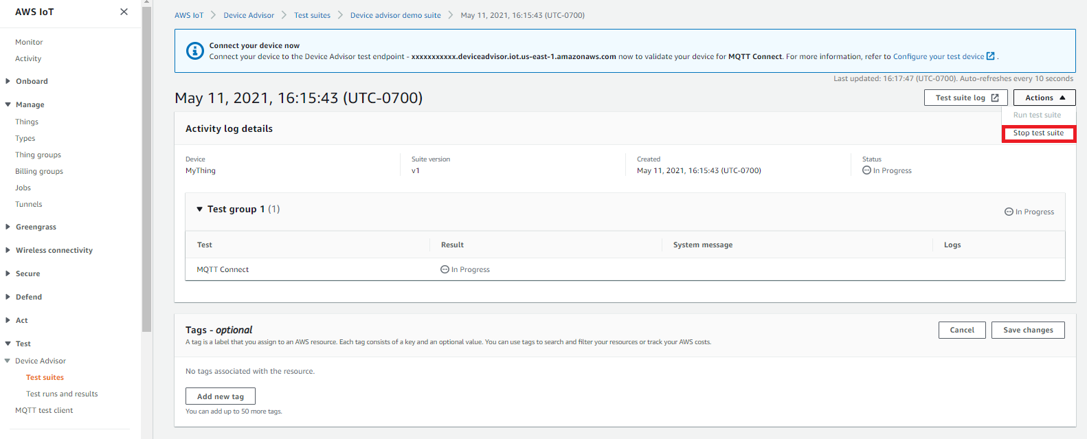 테스트 결과는 Device Advisor 콘솔에서 실행됩니다.