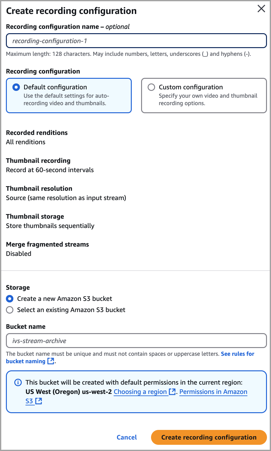 IVS 콘솔을 사용하여 채널 생성: 레코딩 구성의 스토리지 옵션을 지정합니다.