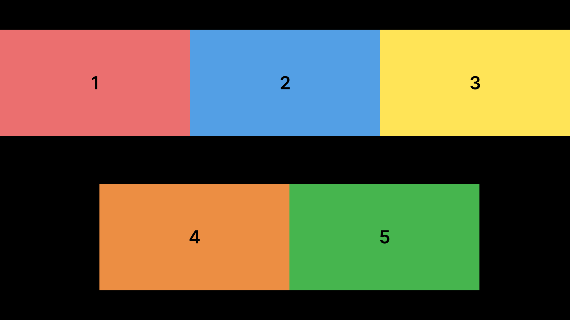 Five colored rectangles numbered 1 to 5, arranged in two rows on a black background.