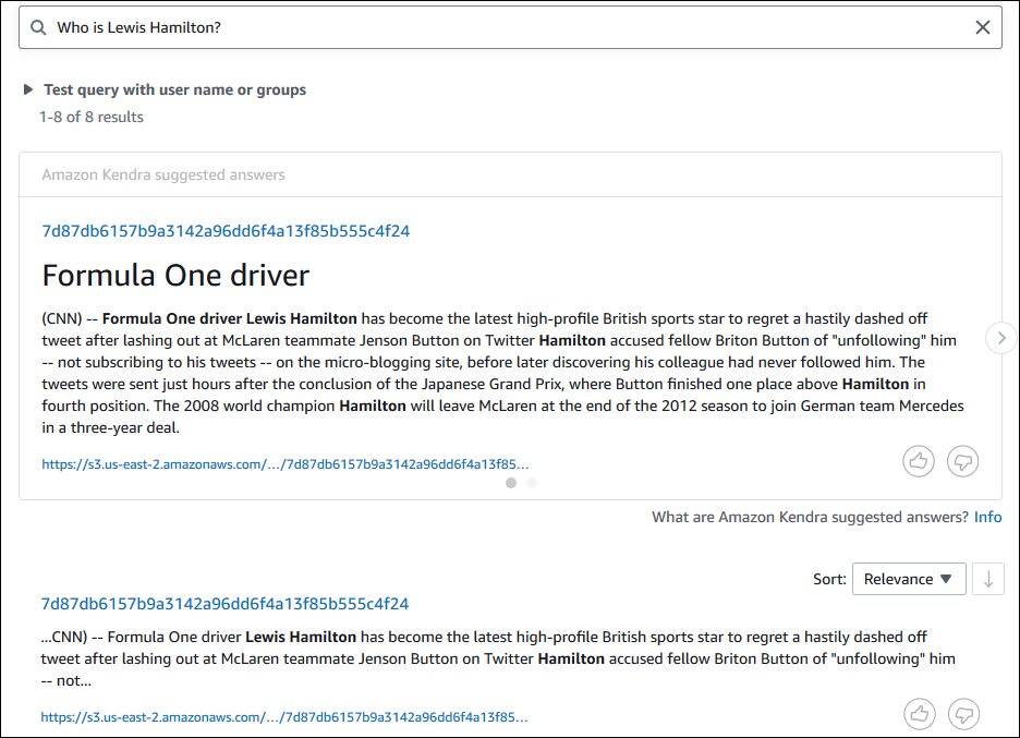 Search interface showing query "Who is Lewis Hamilton?" with Formula One driver information results.