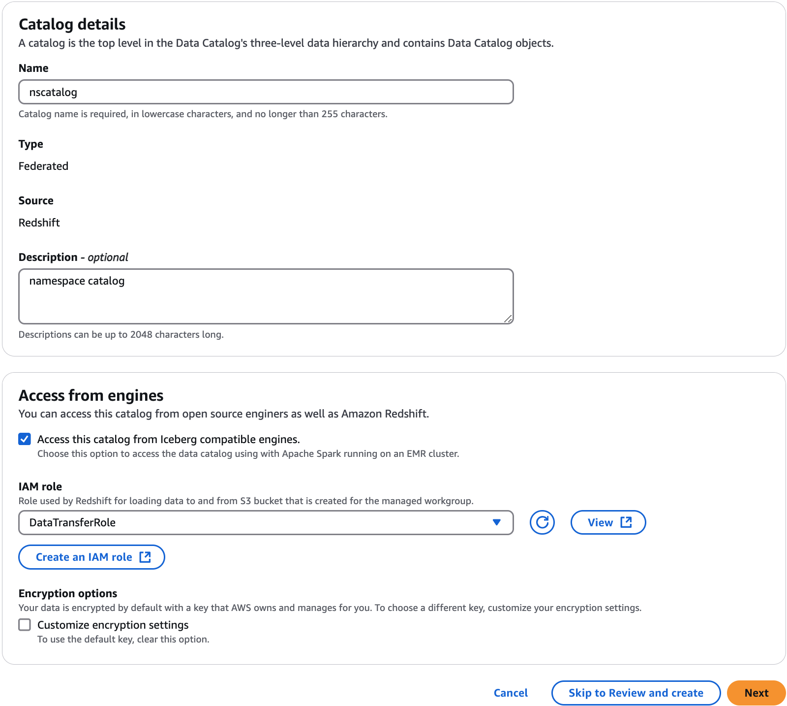 액세스 활성화 옵션이 있는 카탈로그 생성 페이지입니다.