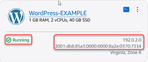 Lightsail의 인스턴스에 대한 퍼블릭 IP 주소.