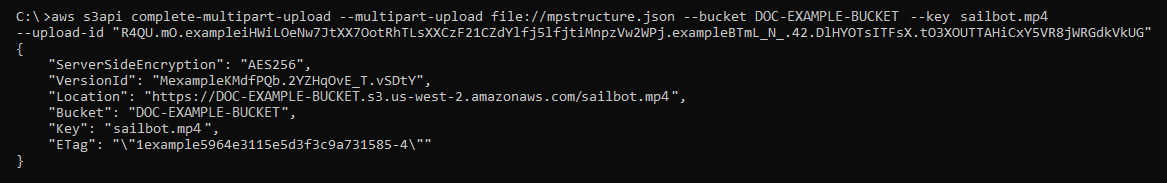 complete-multipart-upload 명령의 결과