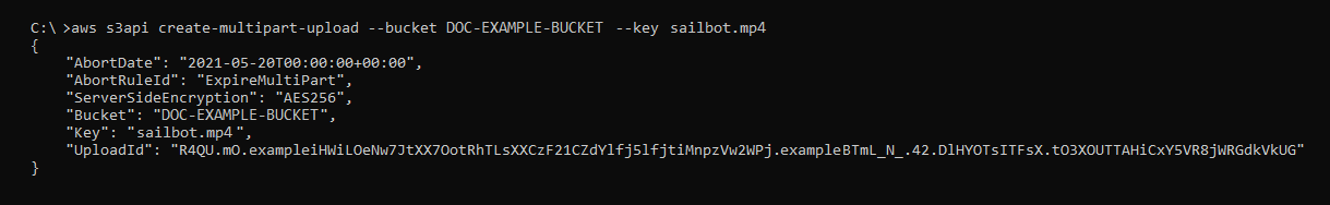 create-multipart-upload 명령의 결과