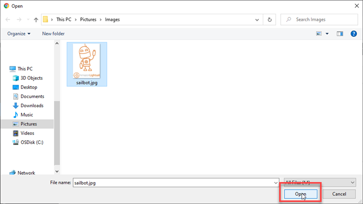WordPress 대시보드의 열기 버튼입니다.