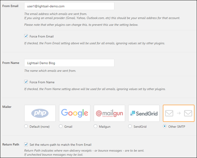 WP Mail SMTP 플러그인에 대한 구성 설정.
