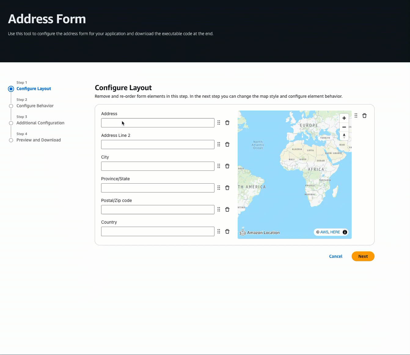 자동 완성 기능을 보여주는 Address Form SDK 데모
