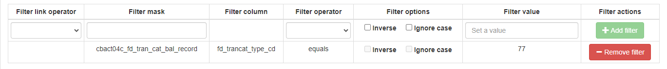 Filter configuration interface with options for mask, column, operator, and value.