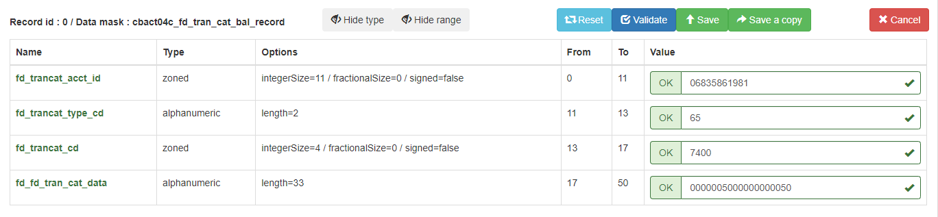Data record form with fields for transaction account details and validation status.