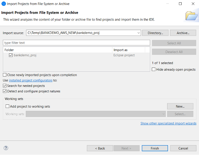 파일 시스템 또는 보관함에서 프로젝트 가져오기(입력한 가져오기 소스 경로 포함).