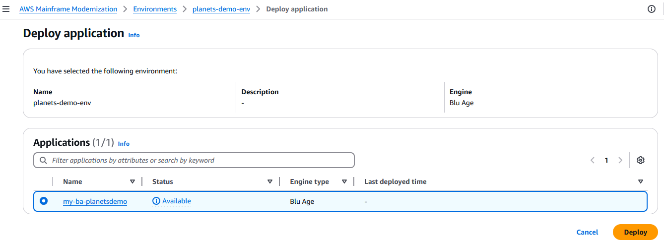 행성 데모 앱이 표시된 AWS Mainframe Modernization Deploy 애플리케이션 페이지입니다.