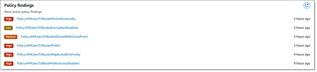 대시보드의 정책 조사 결과 섹션입니다. 여기에는 6개의 정책 조사 결과에 대한 예제 데이터가 있습니다.