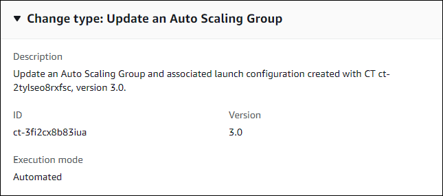 변경 사항 type details for updating an Auto Scaling Group, showing description, ID, and execution mode.