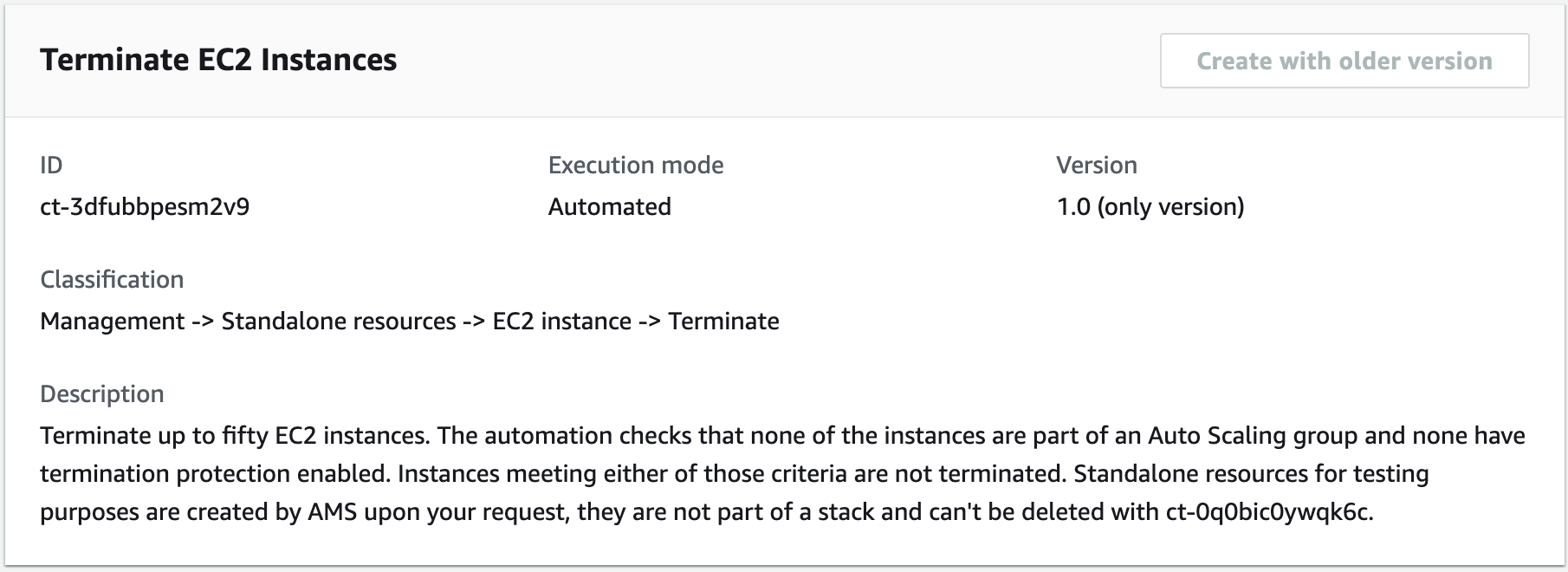 Console interface for terminating EC2 instances with ID, execution mode, and description.