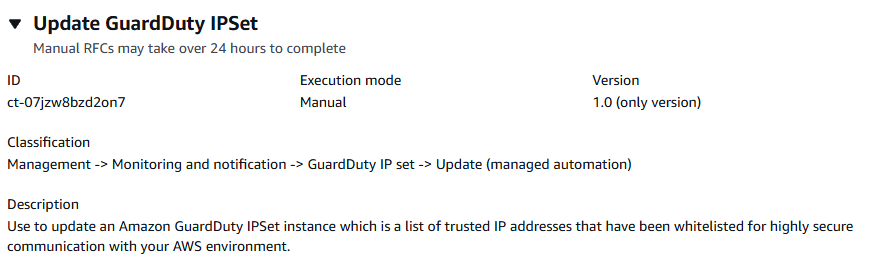 GuardDuty IPSet update interface showing description, ID, and version details.