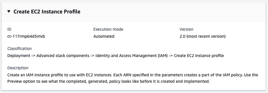 Create EC2 Instance Profile interface showing ID, execution mode, and classification details.