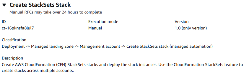 Details of a StackSets stack creation change type, including ID, execution mode, and description.
