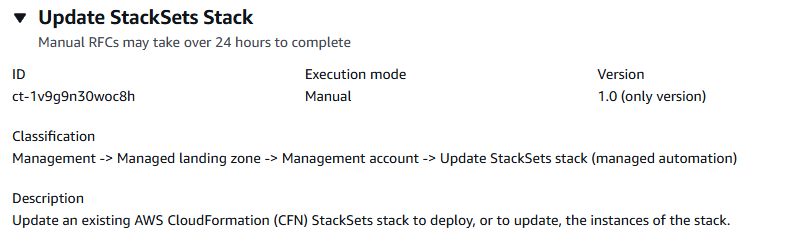 Update StackSets Stack interface showing ID, execution mode, version, and description.