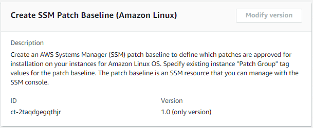 SSM patch baseline creation interface for Amazon Linux with description and version details.