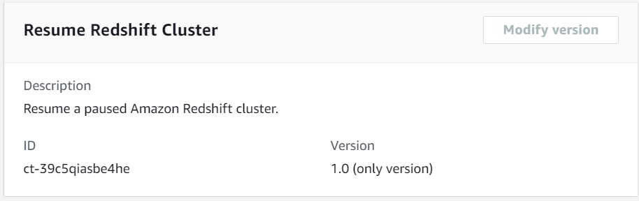 Resume Redshift 클러스터 interface with description, ID, and version details.