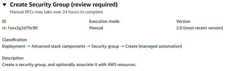 Interface for creating a security group with ID, execution mode, version, and description.