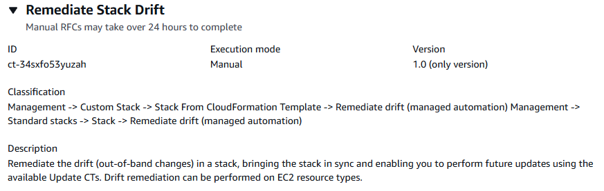 Remediate Stack Drift interface showing ID, execution mode, version, and description details.