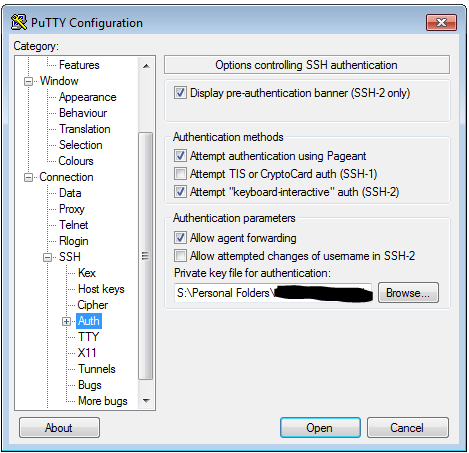 PuTTY Configuration window showing SSH authentication options and private key file selection.