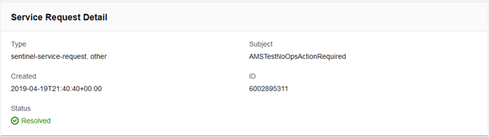 Service request detail showing type, subject, creation date, ID, and resolved status.