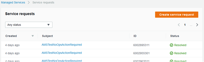 Service requests list showing resolved items with options to filter and create new requests.