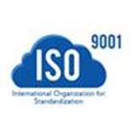 ISO 9001 certification logo with blue cloud shape and text.