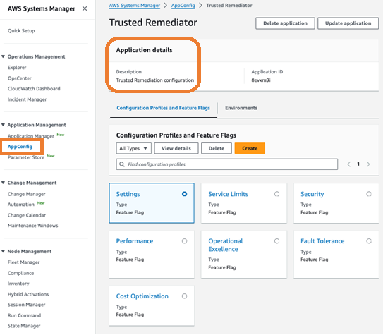 AWS AppConfig 콘솔의 신뢰할 수 있는 교정기 구성의 예입니다.