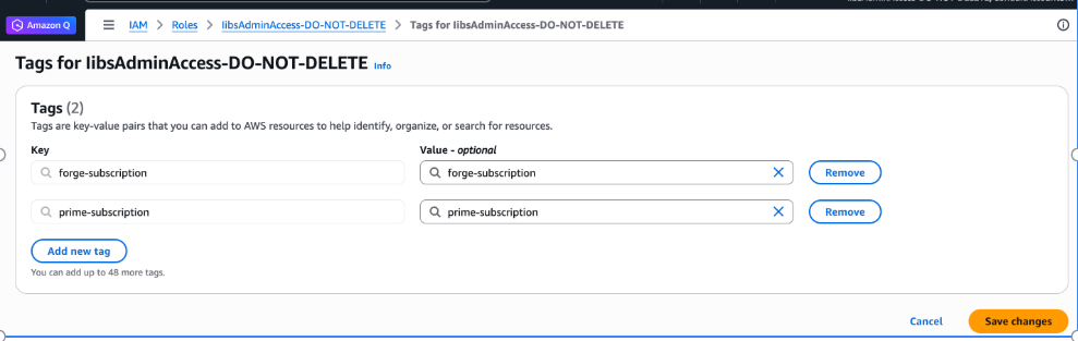 “forge-subscription” 및 “prime-subscription” 키가 있는 두 개의 태그를 보여주는 태그 컨테이너.
